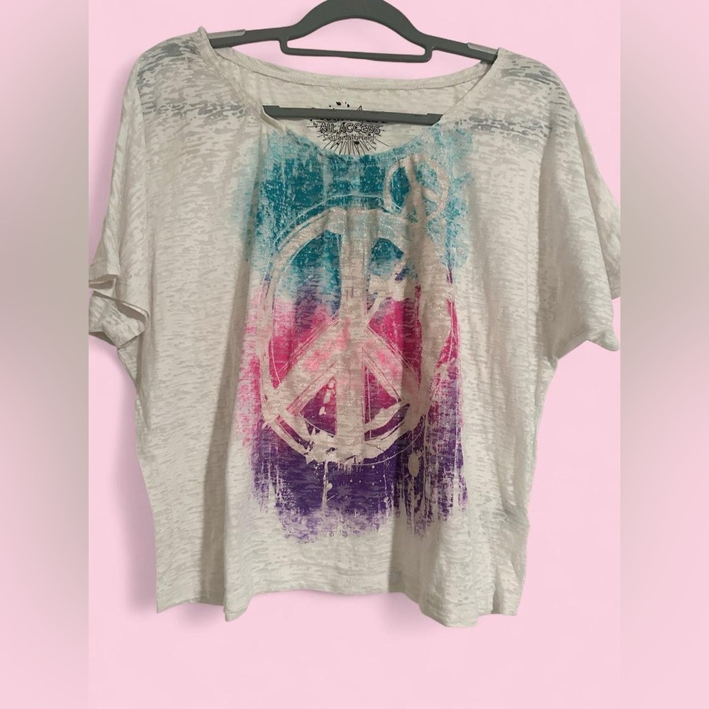 Rocker Girl Women's Short Sleeve Tee with Peace Sign Glitter Graphic design
